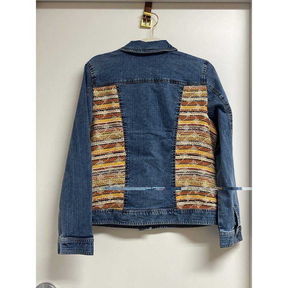 Chicos Woven Striped Mixed Media Denim Jacket Multi Color Trucker Blue Womens M - Picture 2 of 9